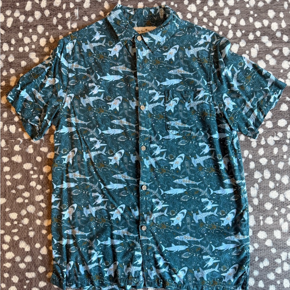 Blue Casual Button Down Shirt with Tropical Print